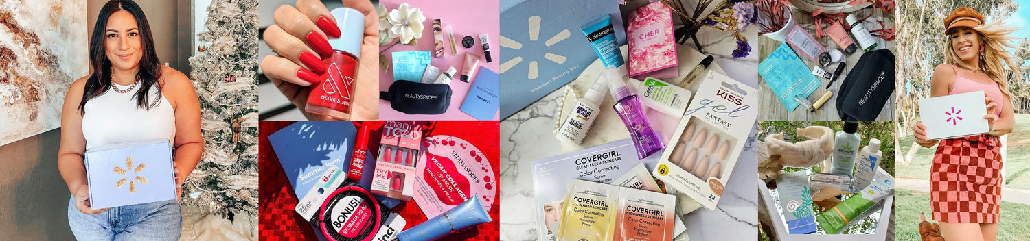 A collage of social media posts from Walmart Beauty Box ambassadors featuring past seasonal boxes and the beauty products inside of them.