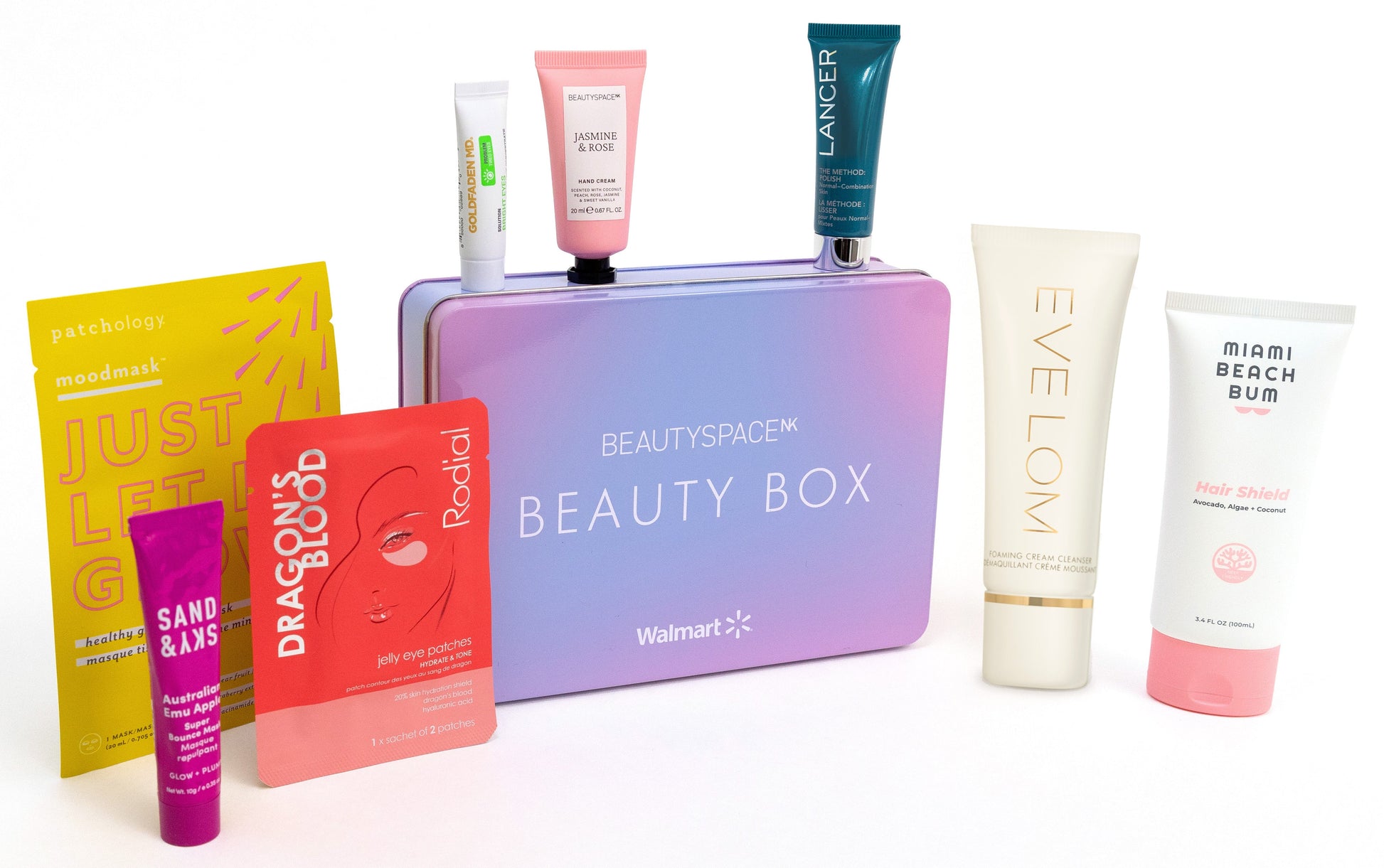 BeautySpaceNK Beauty Box on a white background surrounded by beauty products from: Sand & Sky, Rodial, Patchology, Goldfaden MD, BeautySpaceNK, Lancer, Miami Beach Bum, and Eve Lom.